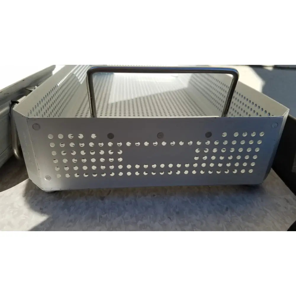 Silver perforated metal basket with sturdy handle for case medical karl storz ksz 39402as sterilization container