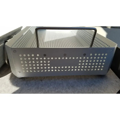 Silver perforated metal basket with sturdy handle for case medical karl storz ksz 39402as sterilization container