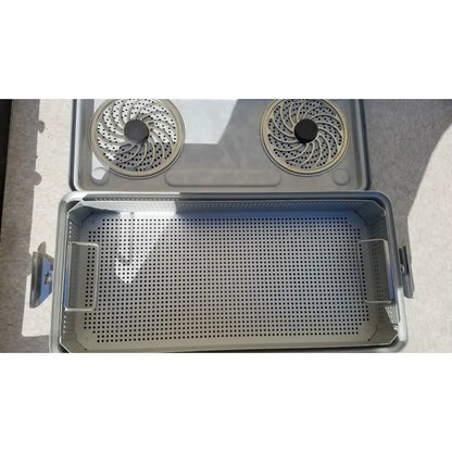 Silver stainless steel surgical instrument sterilization tray ksz 39402as by case medical karl storz with perforated interior and spiral lids