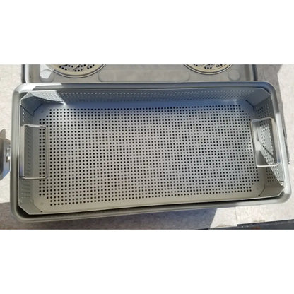 Gray perforated metal sterilization tray with reinforced side handles for case medical karl storz ksz 39402as container