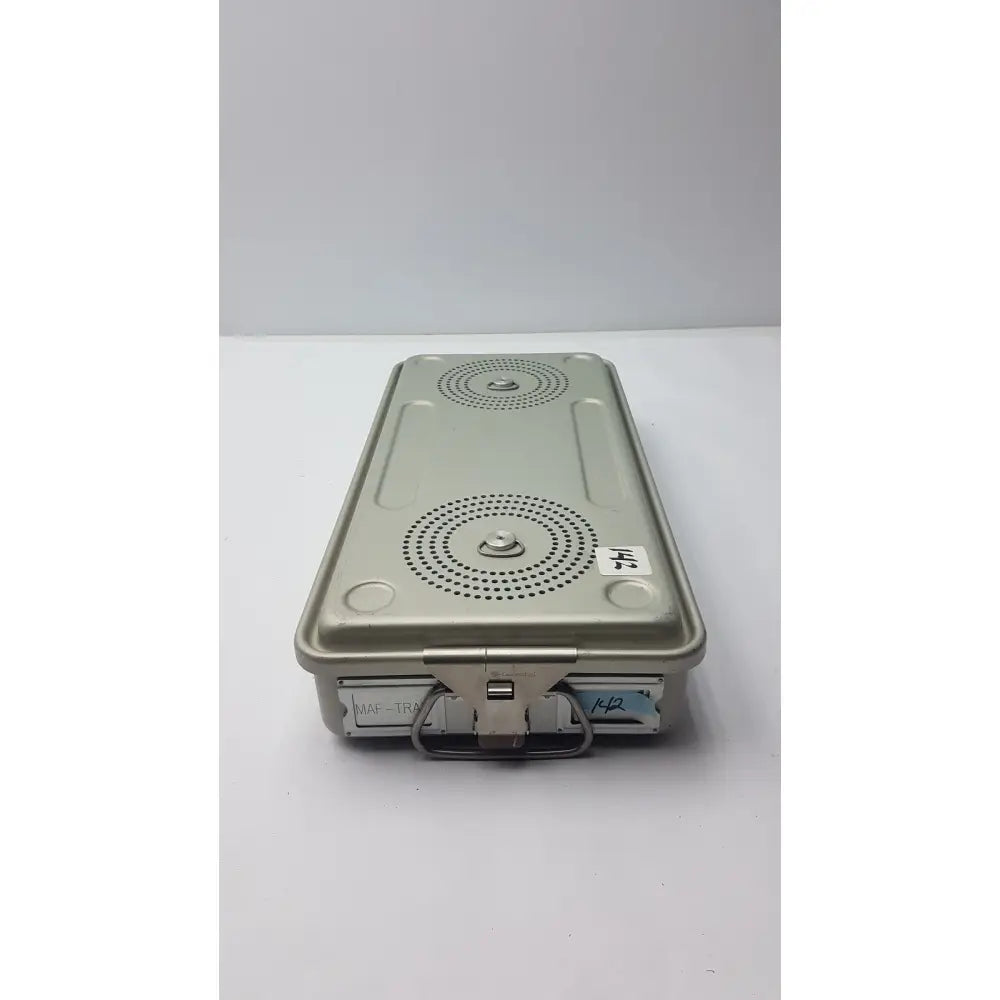 Gray metal case medical solid sterilization container with circular perforated patterns and sturdy handle for medical use