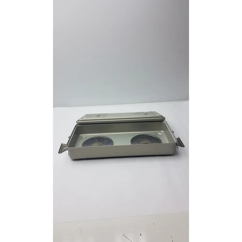 Silver metal case medical solid sterilization container tray with two circular compartments and side handles