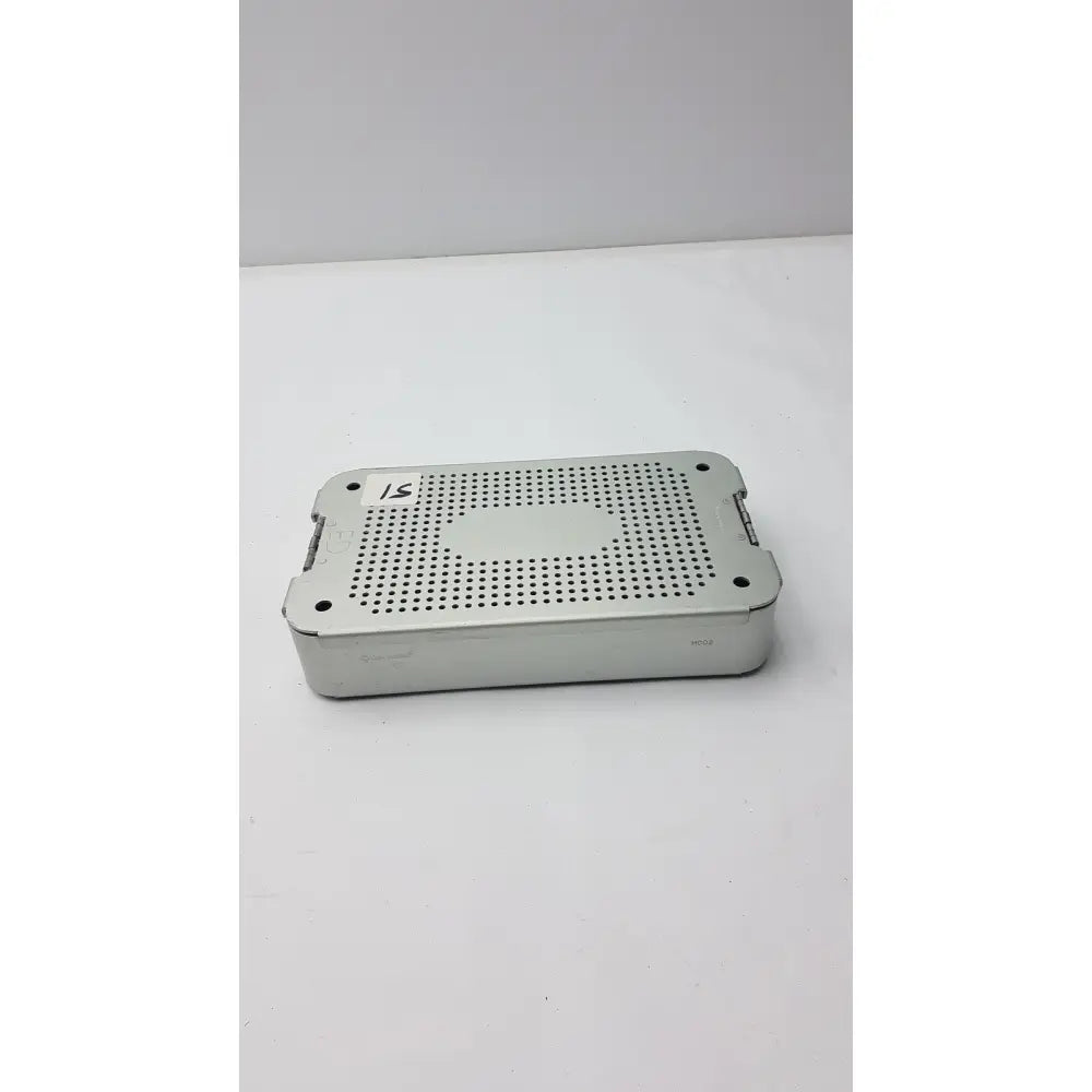 Case medical mc02 silver metallic surgical instrument tray with perforated top and reinforced corners in mc02 solid brass container