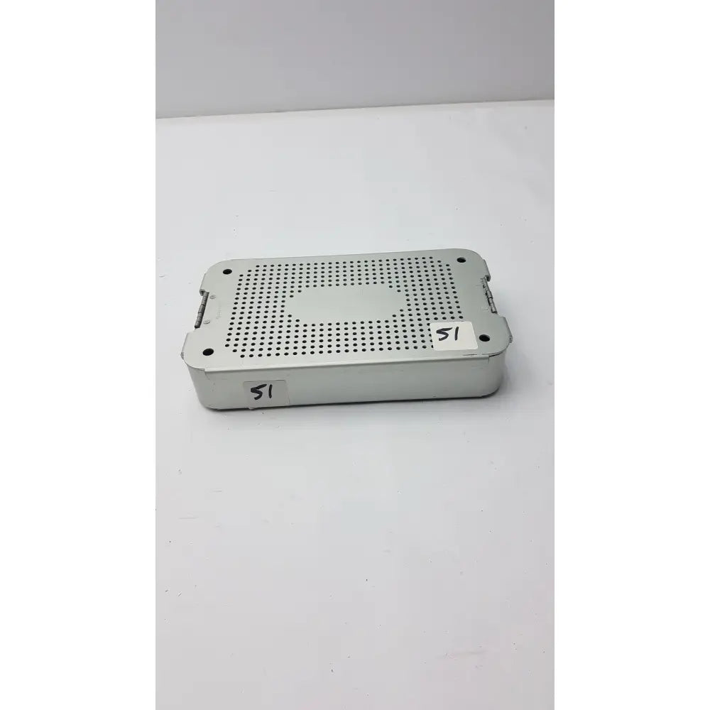 Silver metallic surgical instrument tray with perforated surface and reinforced corners in case medical mc02 solid brass container
