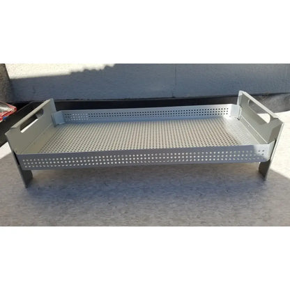 Silver perforated basket aluminum tray with raised sides and integrated handles for case medical perforated sterilization use