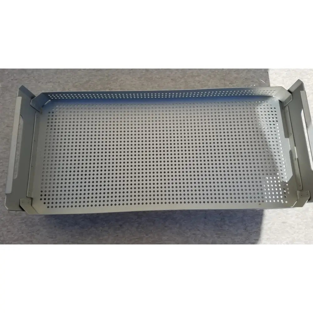 Gray metal case medical perforated basket aluminum sterilization insert tray with perforated surface and reinforced handles