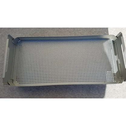 Gray metal case medical perforated basket aluminum sterilization insert tray with perforated surface and reinforced handles