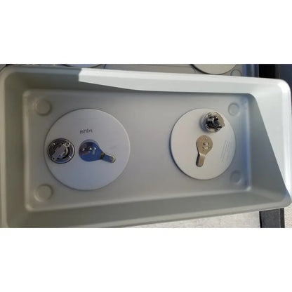 Gray plastic case medical storage container with two circular lids featuring metallic keyhole lock mechanisms