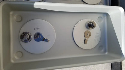 Gray plastic case medical storage container with two circular lids featuring metallic keyhole lock mechanisms