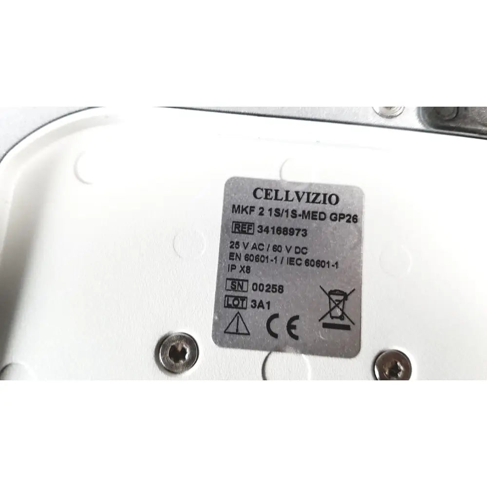 Silver metallic label with black text on the back of the cellvizio foot pedal showing model 34168973 details