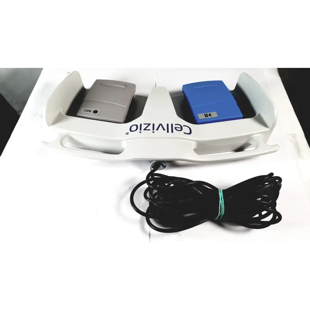 White plastic cellvizio foot pedal controller with gray and blue rec and play buttons model 34168973