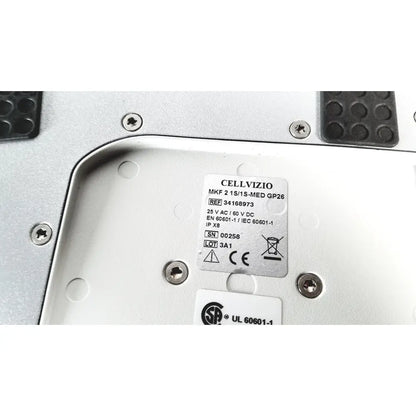 Silver metallic cellvizio foot pedal mkf 21s smed gp26 device label with black text and reuse medical certifications