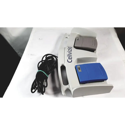 White cellvizio foot pedal medical device with gray and blue pedals designed for hands-free control in cellvizio foot use