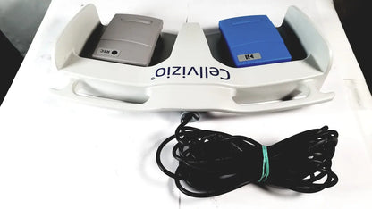 White plastic cellvizio foot pedal controller with gray and blue rec and play buttons model 34168973