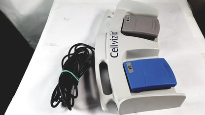White cellvizio foot pedal medical device with gray and blue pedals designed for hands-free control in cellvizio foot use