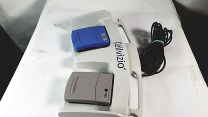 White Cellvizio foot pedal medical device with blue and gray components featuring rec label for reuse medical purposes