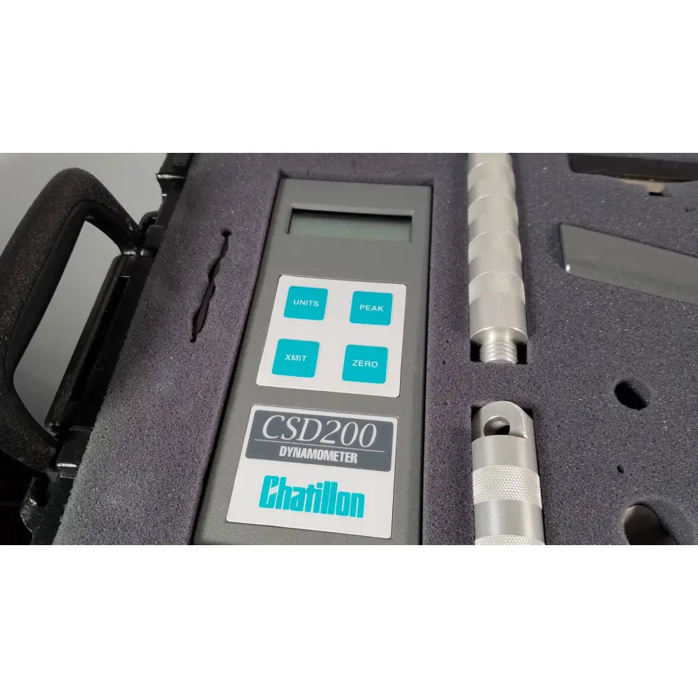 Gray chaltilon csd200 dynamometer with digital display and teal buttons in black case with metallic probes