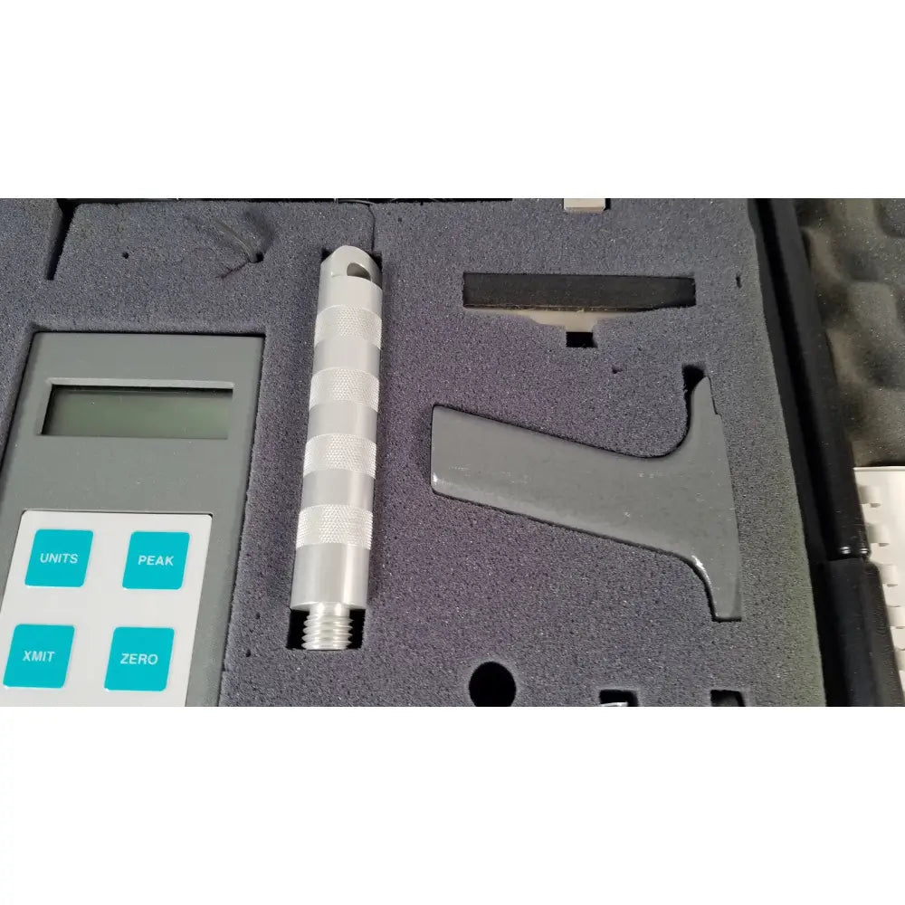 Silver metallic chaltilon csd200 dynamometer probe with textured grip and digital display in foam-lined reuse medical case