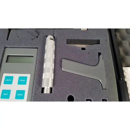 Silver metallic chaltilon csd200 dynamometer probe with textured grip and digital display in foam-lined reuse medical case