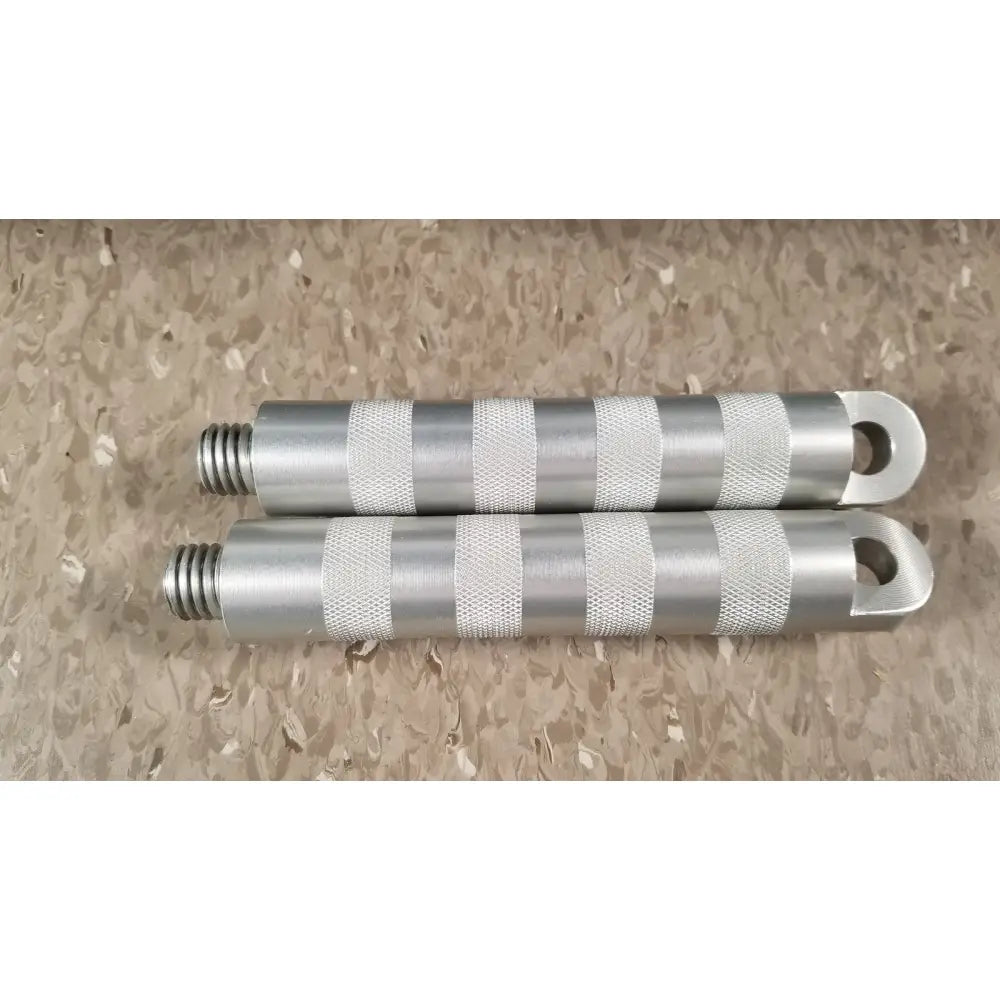 Silver metallic handle grips with textured knurled sections and threaded ends for chaltilon csd200 dynamometer reuse medical use