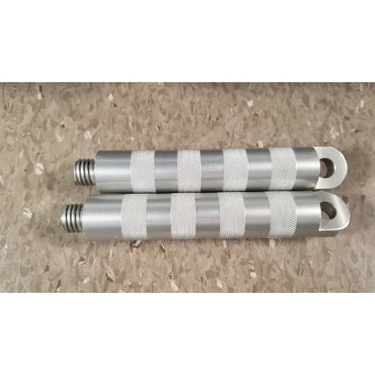Silver metallic handle grips with textured knurled sections and threaded ends for chaltilon csd200 dynamometer reuse medical use