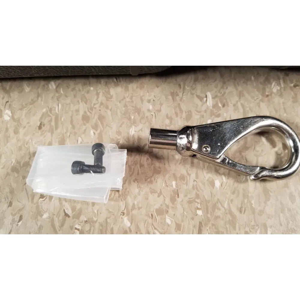 Shiny chrome safety carabiner with sturdy curved hook and threaded barrel for chaltilon csd200 dynamometer use