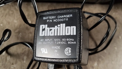 Black textured chaltilon csd200 dynamometer battery charger with labeled specifications for reuse medical use