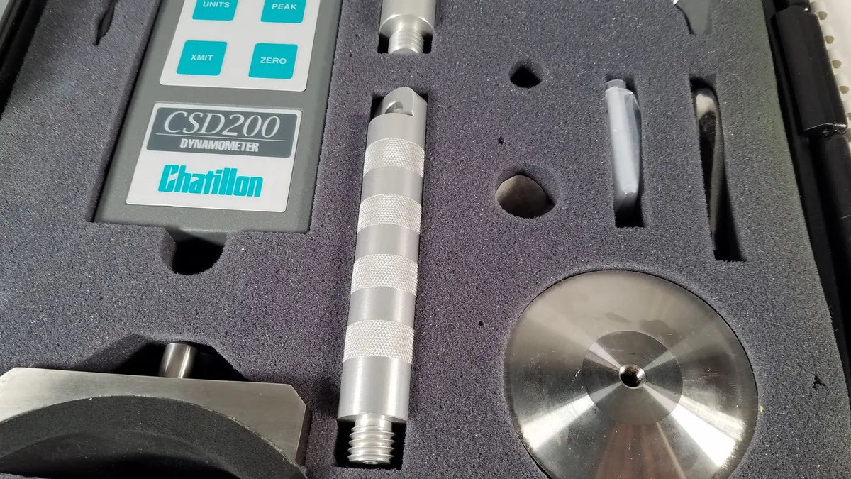 Silver chaltilon csd200 dynamometer with textured grip and metallic probe for precise strength measurement