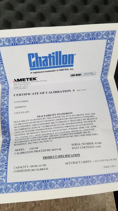 White paper certificate with blue border certifying calibration for chaltilon csd200 dynamometer by ametek inc
