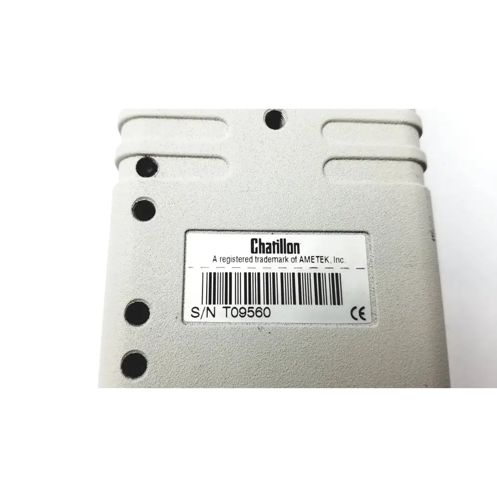 Gray textured chatillon handheld data logger with white label showing brand name serial t09560 and ce marking for lbf ametek reuse medical inspection gages