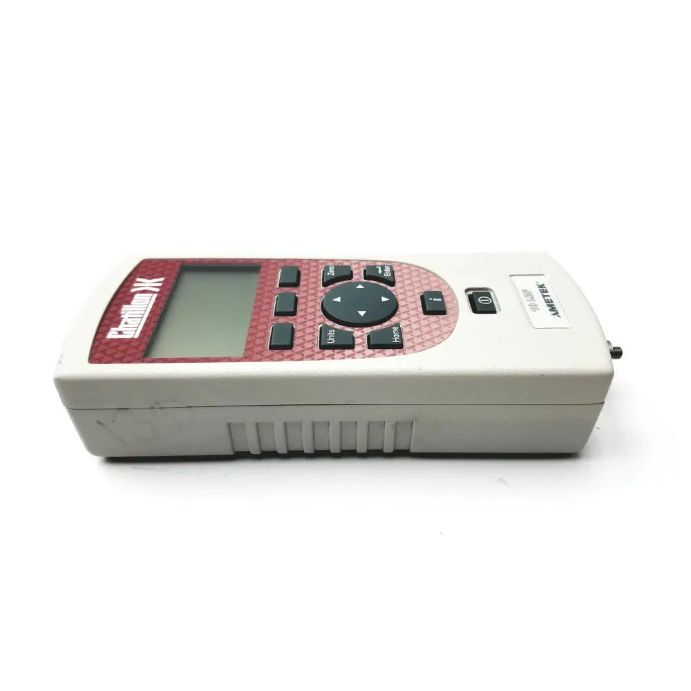 Red and gray handheld chatillon 10 lbf ametek device with digital screen and black buttons for inspection gages use