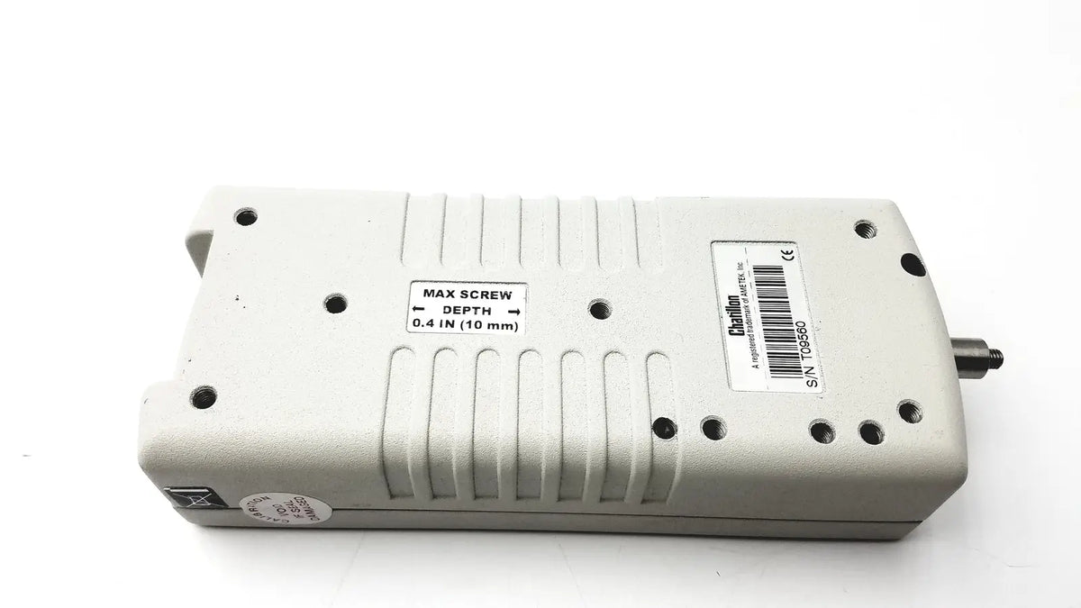 Gray chilton lbf ametek electronic device with ribbed plastic casing and screw holes for reuse medical inspection gages