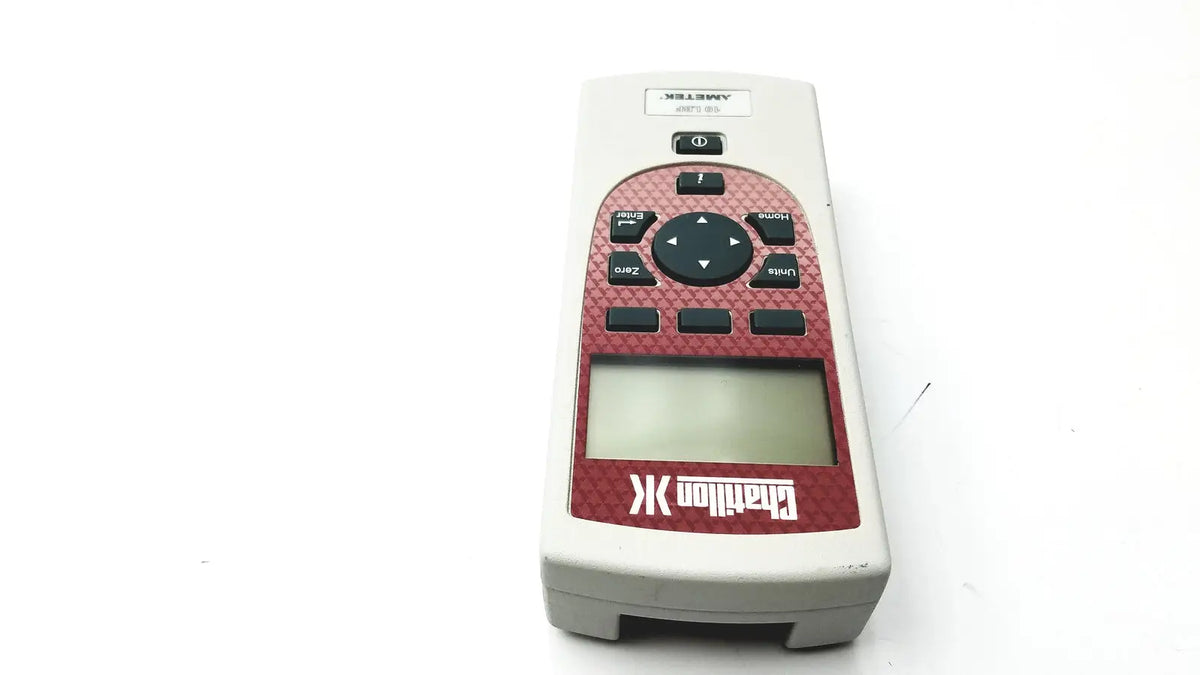 Gray and red handheld laser distance meter with textured panel and black buttons by challion for lbf ametek inspection gages