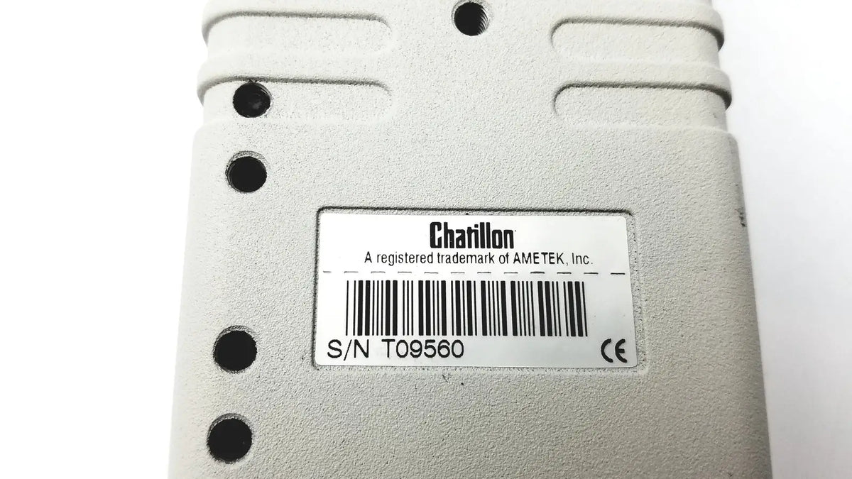 Gray textured chatillon handheld data logger with white label showing brand name serial t09560 and ce marking for lbf ametek reuse medical inspection gages