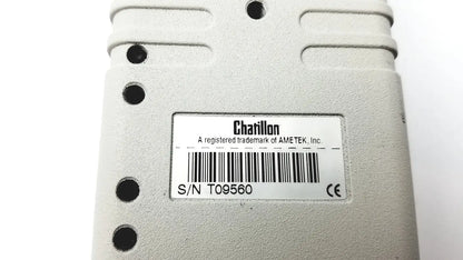 Gray textured chatillon handheld data logger with white label showing brand name serial t09560 and ce marking for lbf ametek reuse medical inspection gages