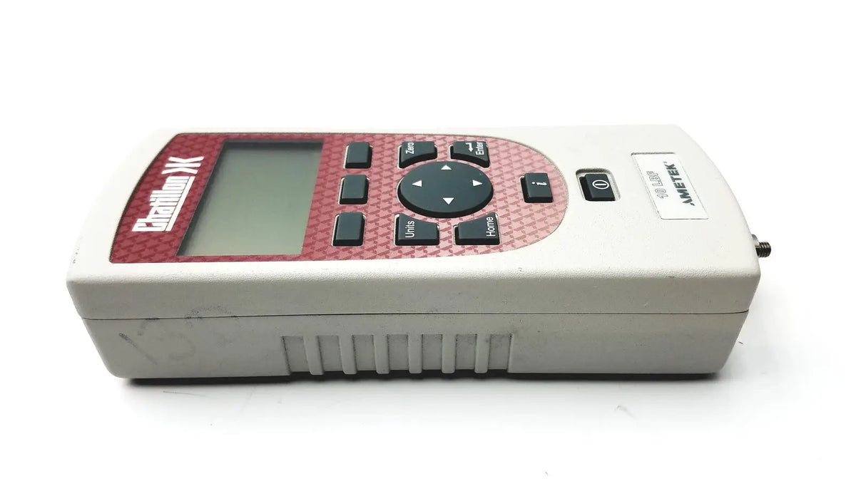 Red and gray handheld chatillon 10 lbf ametek device with digital screen and black buttons for inspection gages use