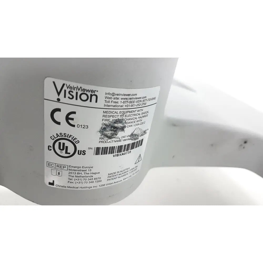 White plastic christie veinviewer vision vein visualization system with regulatory markings and barcode visible