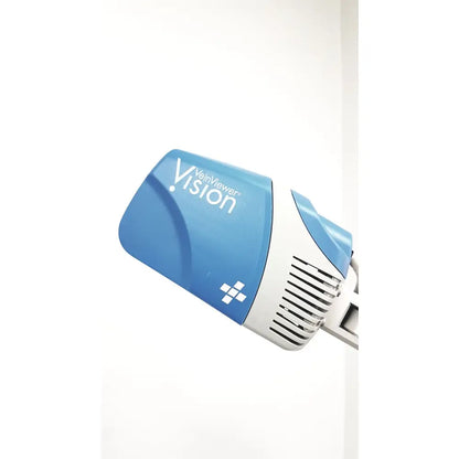 Blue and white Christie VeinViewer Vision vein visualization system with sleek angular design and integrated stand