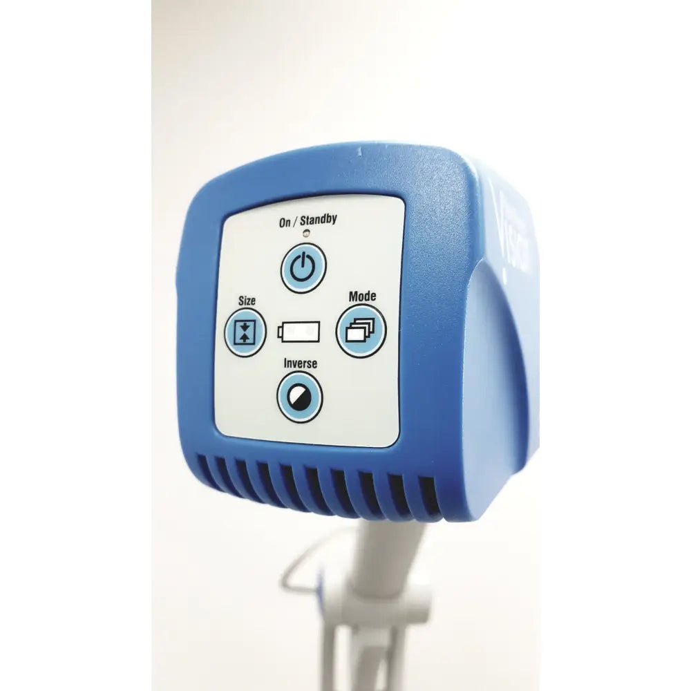 Blue plastic control panel with white buttons on christie veinviewer vision vein visualization system with stand