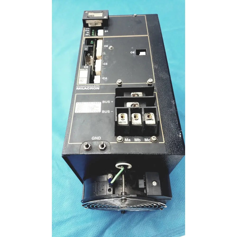 Black industrial control panel with labeled connectors and terminals for cincinnati milacron c5 spindle drive reuse medical applications