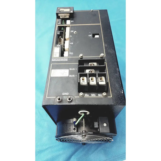 Black industrial control panel with labeled connectors and terminals for cincinnati milacron c5 spindle drive reuse medical applications