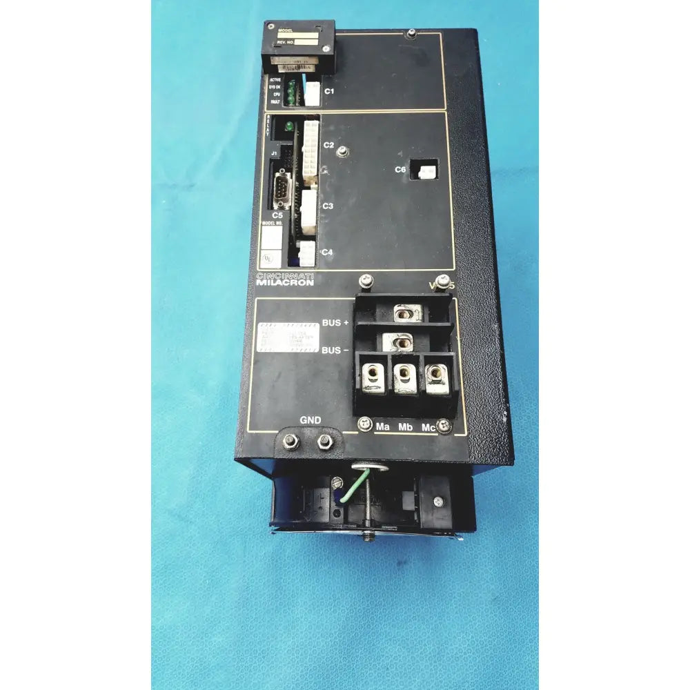 Black milacron c5 spindle drive industrial control module by cincinnati milacron with multiple connectors and terminal blocks