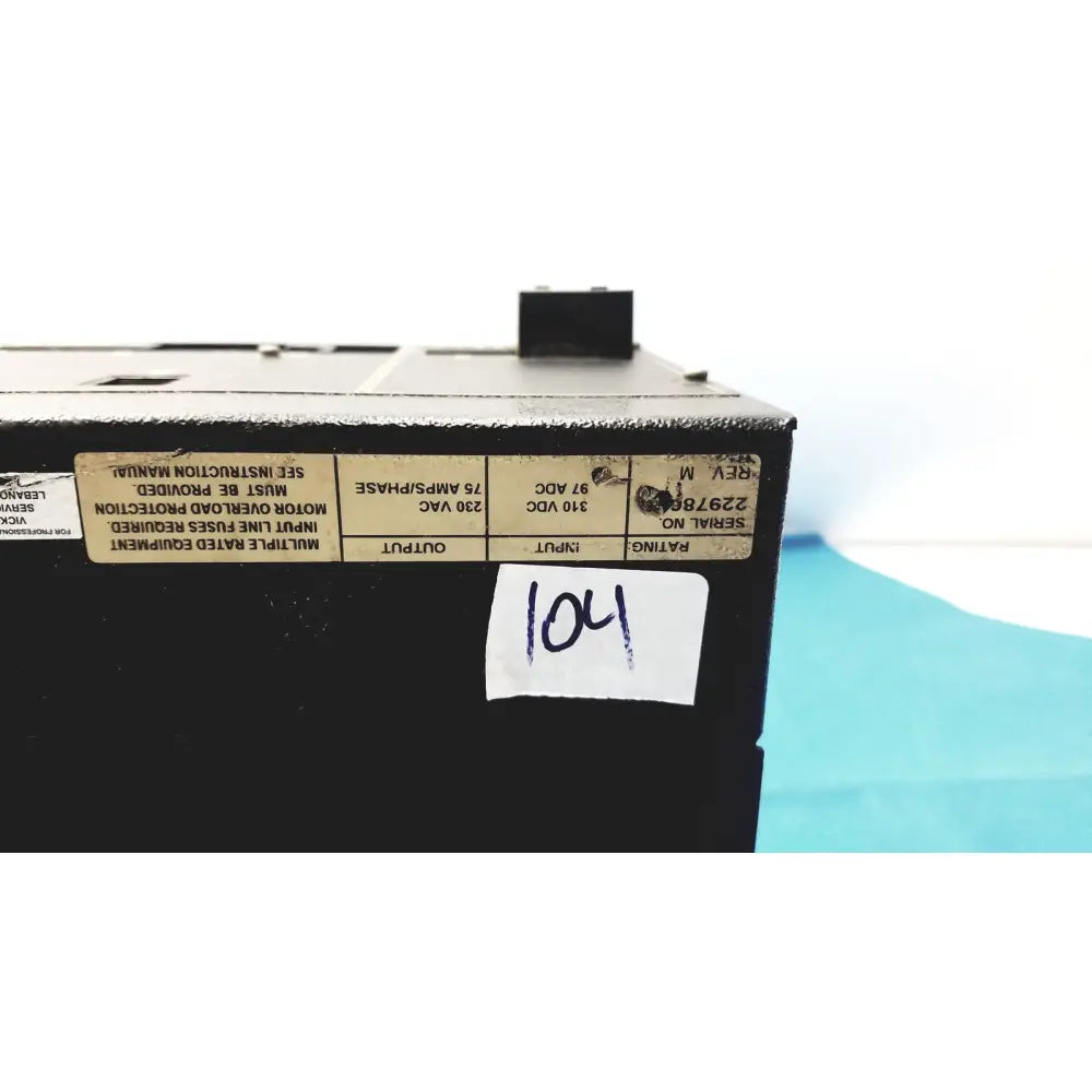 Black industrial power supply unit with metallic casing and labeled specifications for cincinnati milacron c5 spindle reuse medical