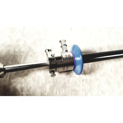 Blue-handled 28-gauge surgical endoscope with metallic shaft and engraved markings in circon acmi sheath esrs-28