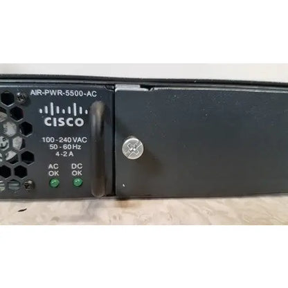Black Cisco air-pwr-5500-ac power supply with green ac and dc ok indicators for Cisco 5500 series wireless LAN controller model 5508