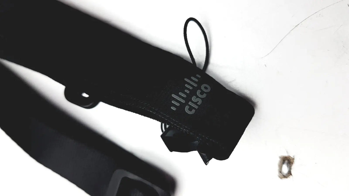 Black cisco 8821 lanyard with subtle gray logo and reinforced stitching ideal for reuse medical and office desk accessories