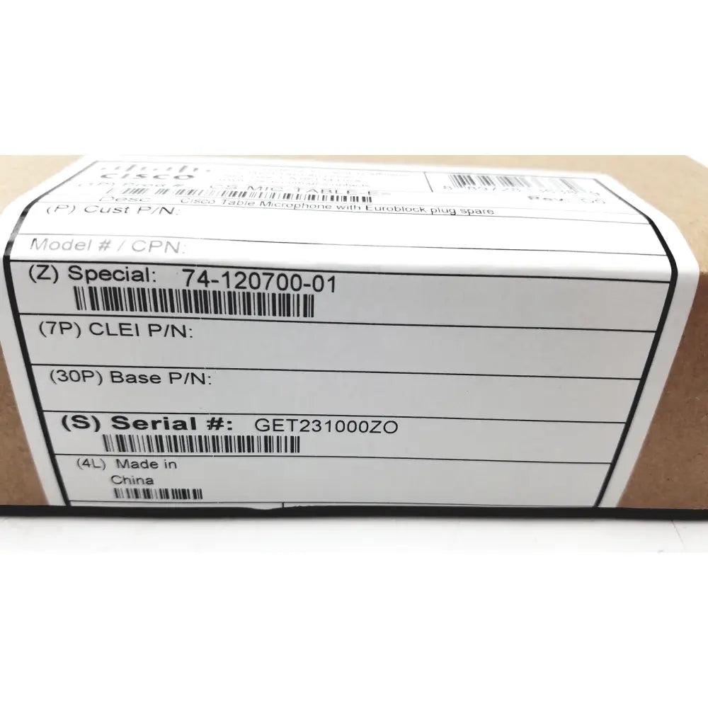 Cisco cs-mic-table-e table microphone with euroblock plug in white cardboard box with black printed labeling