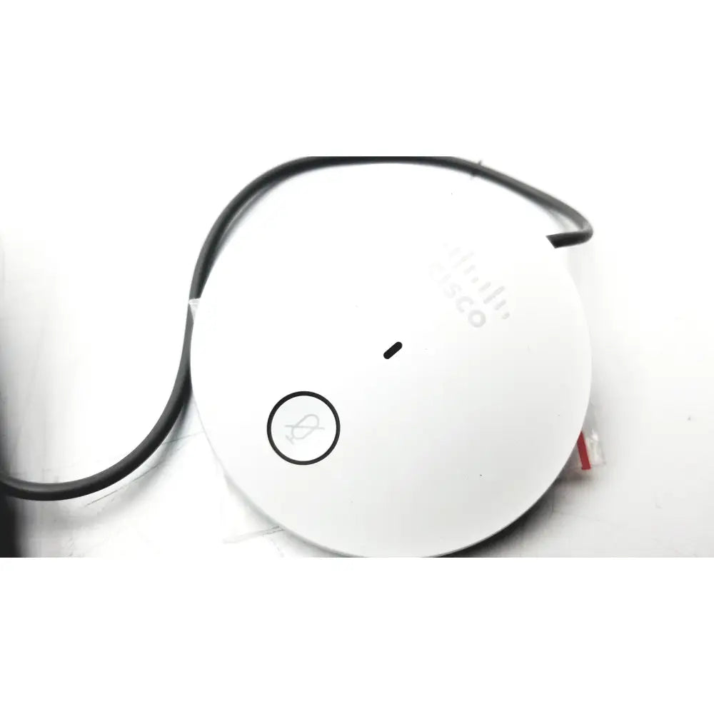 White circular cisco cs-mic-table-e table microphone with euroblock plug, black power cable, and reset button visible