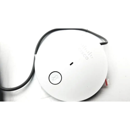 White circular cisco cs-mic-table-e table microphone with euroblock plug, black power cable, and reset button visible