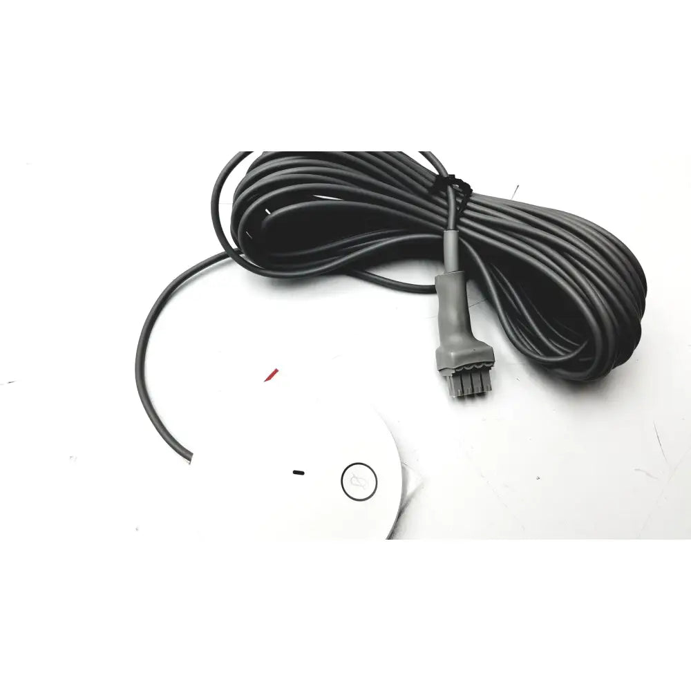 White circular cisco cs-mic-table-e table microphone with euroblock plug and single button connected to coiled black cable
